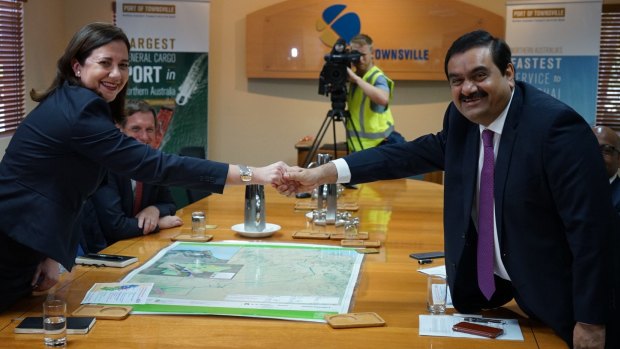 Queensland premier Annastacia Palaszczuk with Adani Group chairman Gautam Adani at the Port of Townsville last December.