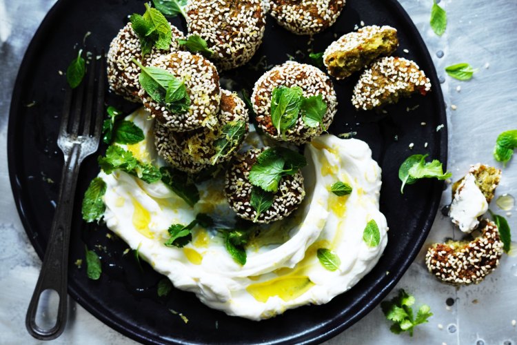 Neil Perry's broad bean falafels with mint labna.