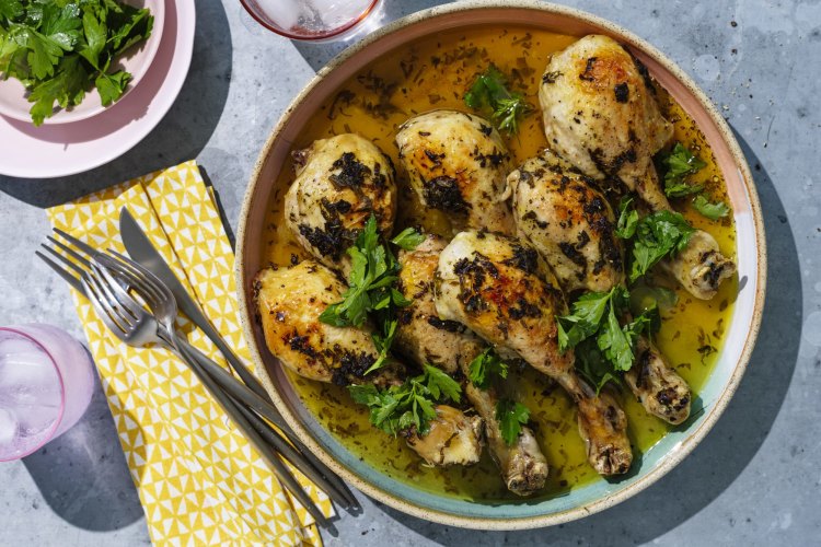 Slow-roasted drumsticks with butter and sage.
