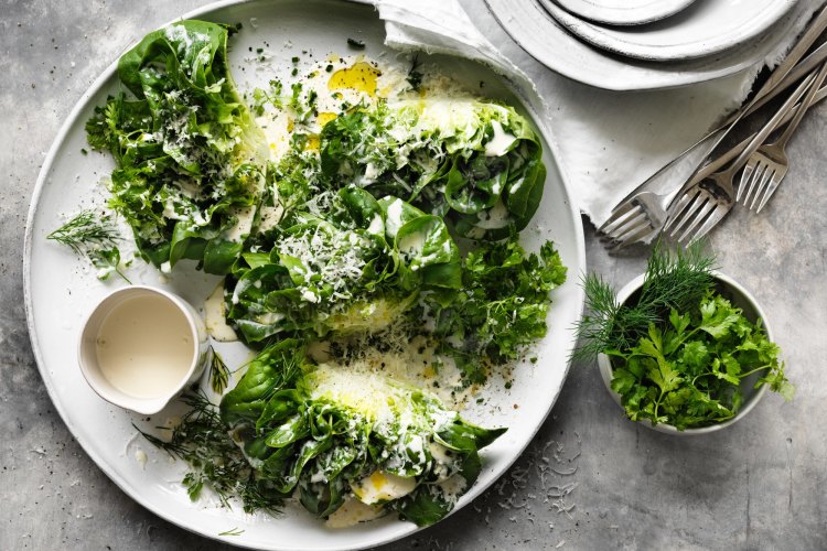 Cos lettuce with parmesan dressing.