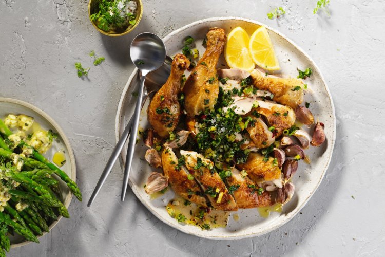 Roast chicken and garlic, lemon and parsley salad.