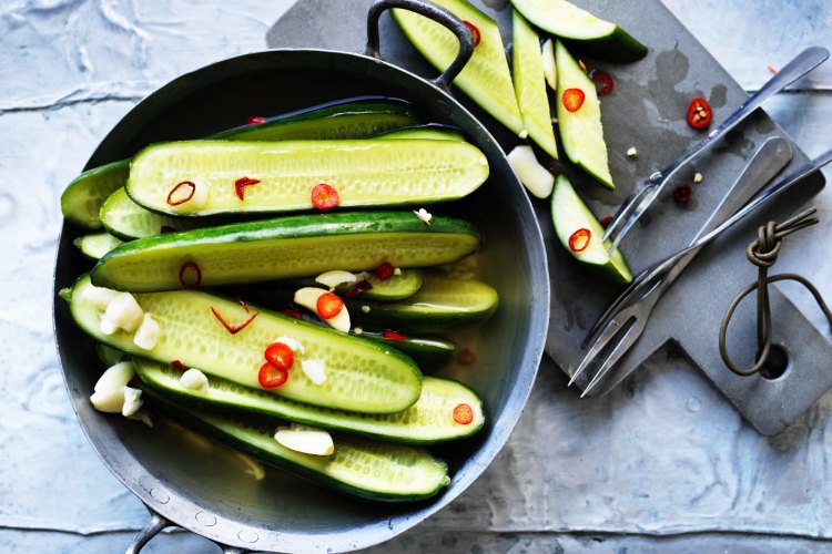 Garlic-pickled cucumbers.