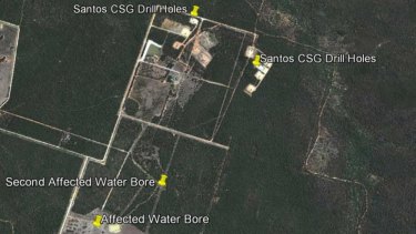 Map of Tony Pickard's property, next to Santos's CSG drilling.