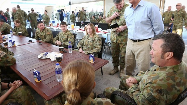 Prime Minister Malcolm Turnbull meeting troops at breakfast at Camp Baird ahead of his visit to Iraq.