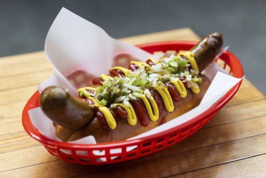 The foot-long gutter dog with mustard and sweet-sour relish.