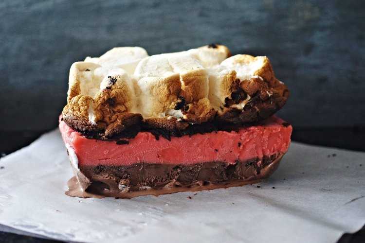 Neapolitan ice-cream cake with berry sorbet, chocolate cookie crumb and toasted marshmallows.