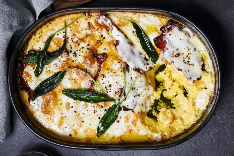 One-tray cheesy baked polenta with pancetta and sage.