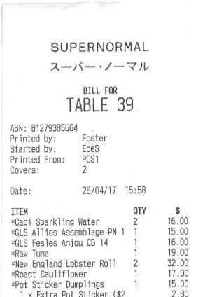 Receipt for lunch at Supernormal with Scott Rankin, head of Big hART