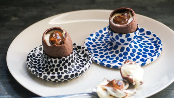 DIY creme eggs filled with caramel and mascarpone.