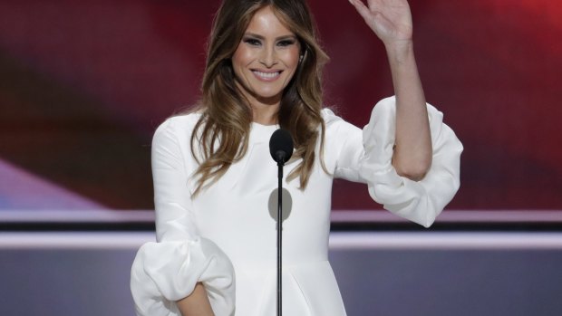 Melania Trump waves after she made her now-infamous speech.