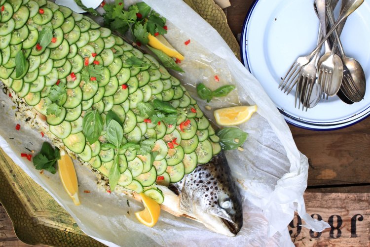 Whole salmon stuffed with lemon jasmine rice.