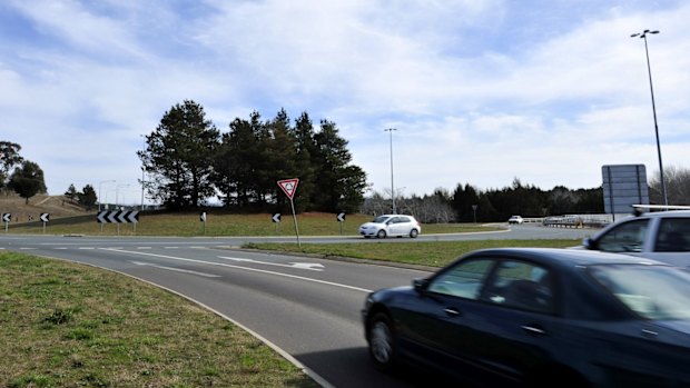 The roundabout at the intersection of Barton Hwy, Gundaroo Drive, and William Slim Drive in Gungahlin. The ACT government has announced $23 million for stage two of the Gundaroo Drive duplication in next month's budget. 