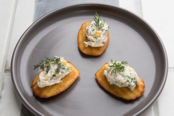 Go to bar snack: Corn madeleines with crab. 