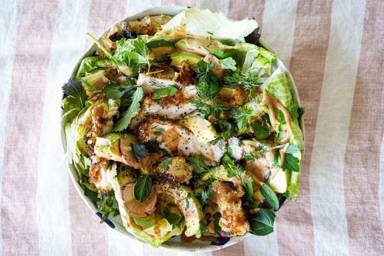 Buttermilk crisp chicken and crunchy salad with sriracha mayo dressing.