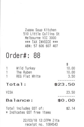 Receipt for lunch at Zuppa