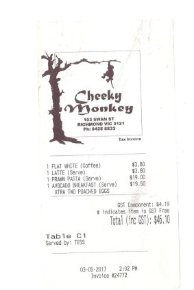 The bill, please: Cheeky Monkey, 103 Swan St, Richmond. 9428 8833. Open seven days, 6am-3pm.