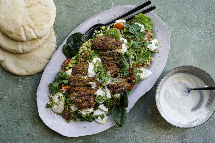 Zaatar-crusted chicken and cous cous salad recipe. 
