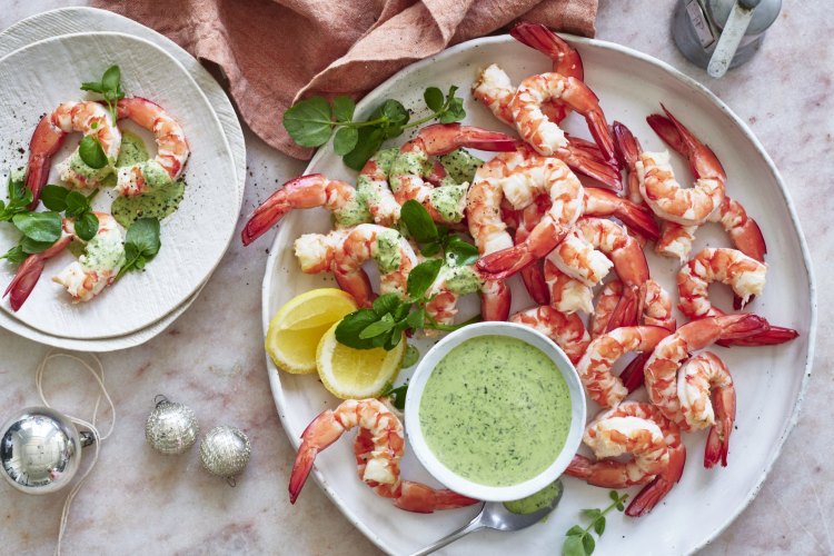 Prawns with green mustard mayonnaise.