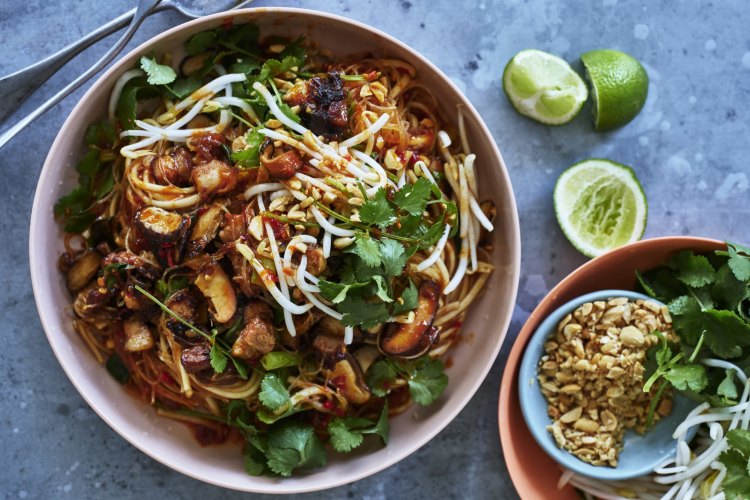 Karen Martini's stir-fried pork belly with bean thread vermicelli and udon noodles.