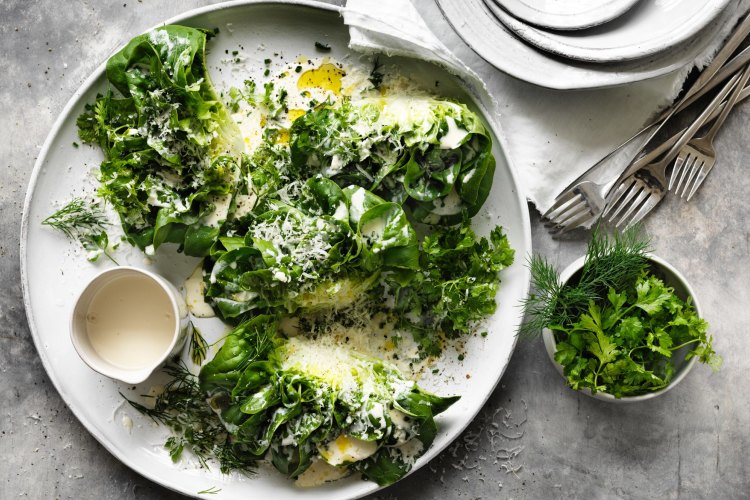 Cos lettuce with parmesan dressing.