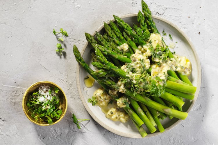 Asparagus with egg sauce and tarragon.