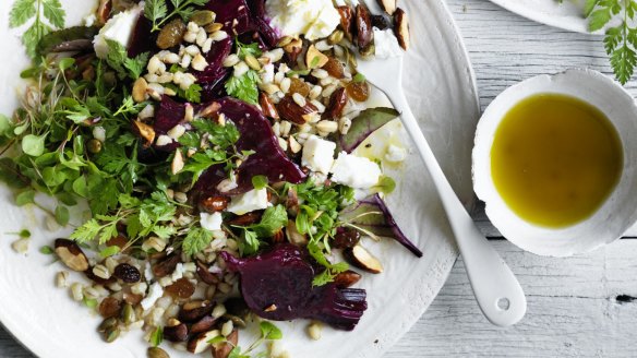 Photograph by William Meppem (GW food - july 30) Neil Perry recipe : Pickled beets with pearl barley, pepitas, feta and almonds