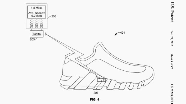 A diagram from the patent application showing a shoe that transmits data to a mobile device.