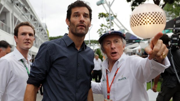 Legends: Former formula 1 drivers Jackie Stewart and Mark Webber at the Singapore Grand Prix this year.