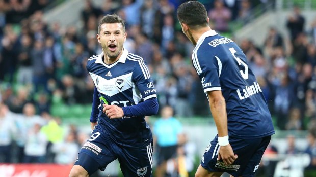 Kosta Barbarouses is elated after opening the scoring for Victory during the FFA Cup Final.