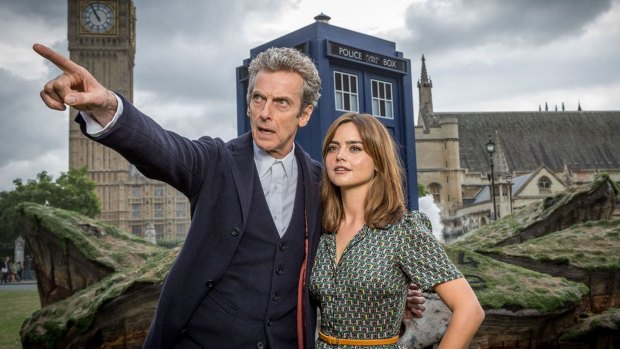 Peter Capaldi as The Doctor and Jenna Coleman as Clara in <i>Doctor Who</i>.