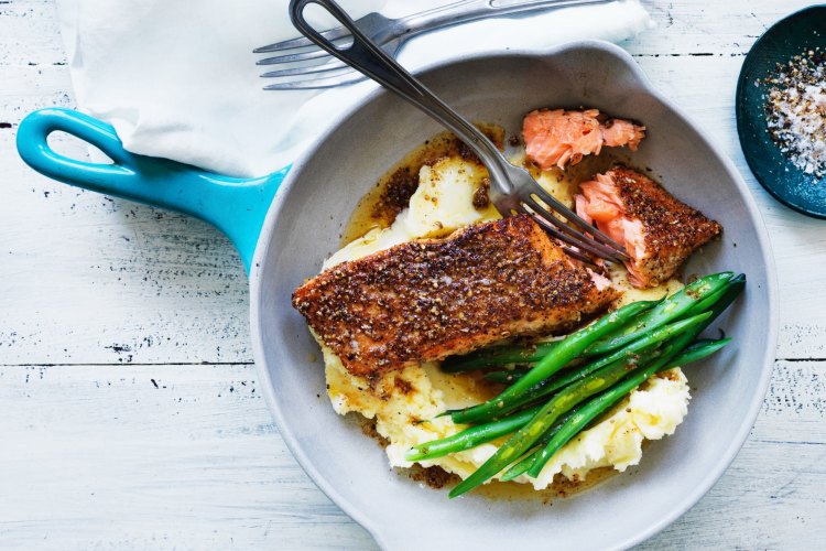 Jill Dupleix's pastrami salmon with horseradish mash.