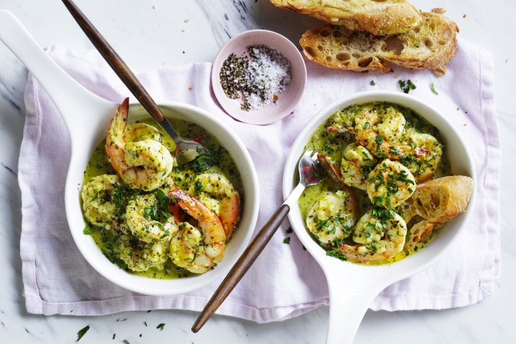 Adam Liaw's creamy pesto prawns.