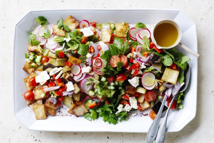 Fried eggplant and feta fattoush.