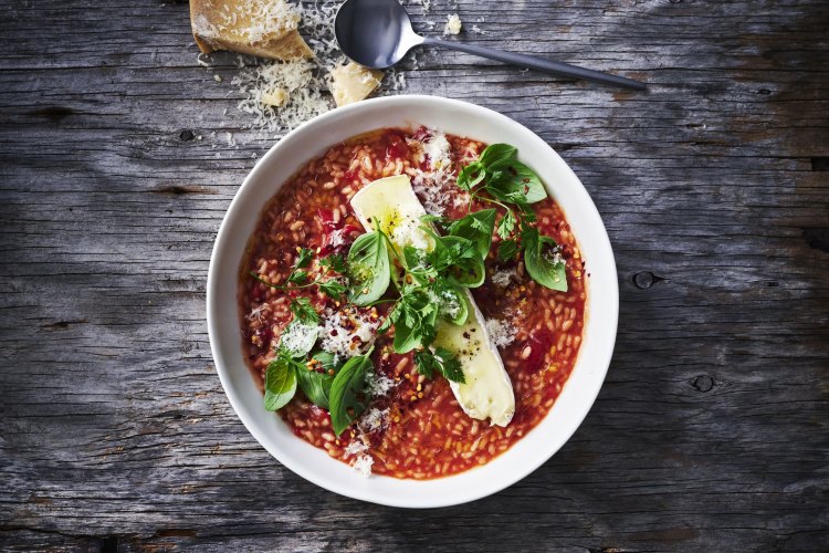 Oven-baked tomato risotto with runny brie recipe. 