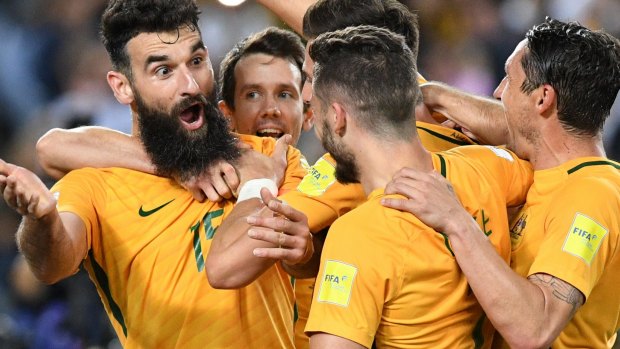 Triumphant return: Socceroos skipper Mile Jedinak is swamped by his teammates.
