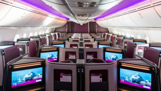 The business class cabin for Qatar Airways' Boeing Dreamliner 787-9.