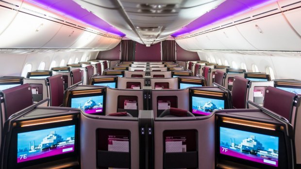 Qatar;s Boeing 787-9 Dreamliner business class cabin.