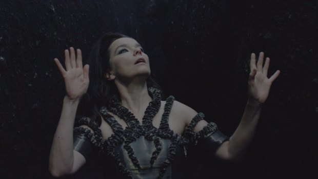 A scene from Bjork's music video for <i>Black Lake</i>, shot in Iceland with virtual reality technology.
