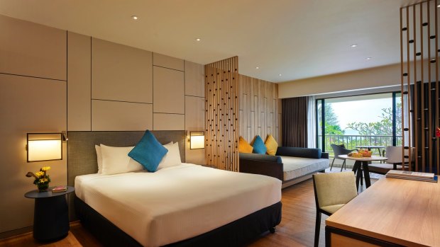 A room at PARKROYAL Penang Resort. There are 308 rooms across 10 room categories, ranging from superior rooms at entry level to premier seaview suites with private sundecks and separate living and dining areas.