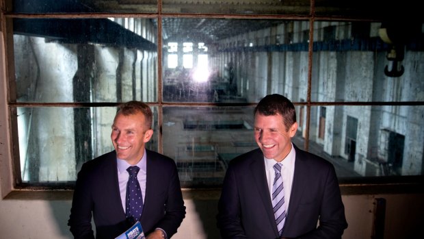 NSW Premier Mike Baird and Planning Minister Rob Stokes at White Bay Power Station in 2015 announcing it would be re-purposed as a technology hub.
