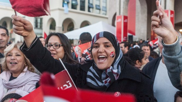 Supporters of Beji Caid Essebsi overjoyed outside his party headquarters after he was elected Tunisian President.