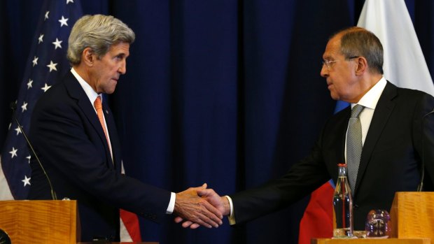 Will it stick? John Kerry, left, and Sergei Lavrov shake hands on a new Syrian deal.