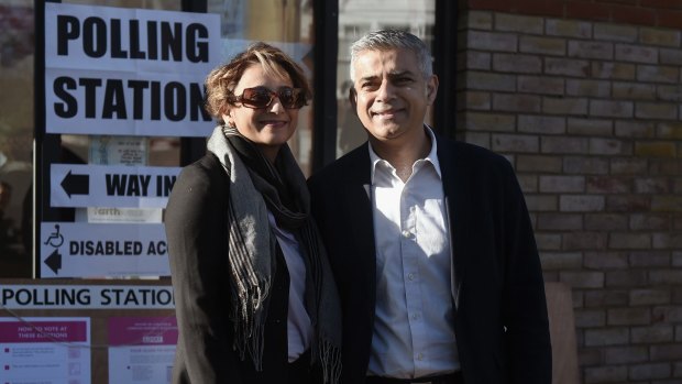Sadiq Khan and his wife, Saadiya, after casting their votes in London's mayoral elections. Mr Khan went on to win the ballot.