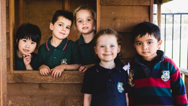 Canberra Girls Grammar is phasing out boys from 2020, however their Eearly Learning Centre will be expanding and remain co-ed. From left, Ashley Lu, Hunter Sheldon, Jessica Ryall, Victoria Carpenter, and Ayman Siddiqui, all 4-years-old. Photo: Jamila Toderas