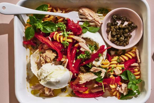 Pasta salad with peperonata, tuna and buffalo mozzarella.