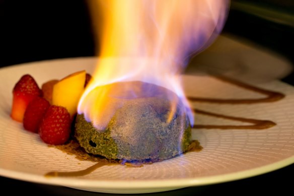 The matcha lava bomb dessert at One Tea Lounge & Grill.