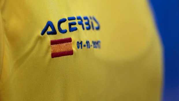 The Spanish flag on the Las Palmas football shirt during the club's La Liga game against Barcelona on Sunday.