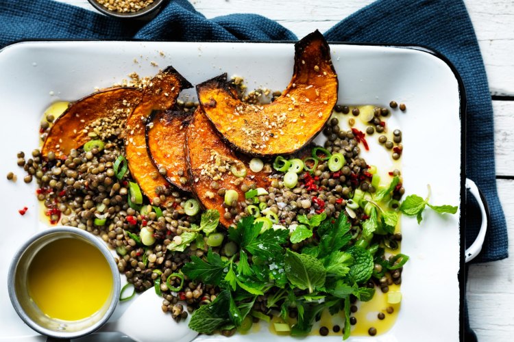 Neil Perry's warm lentil salad with pumpkin and chilli.