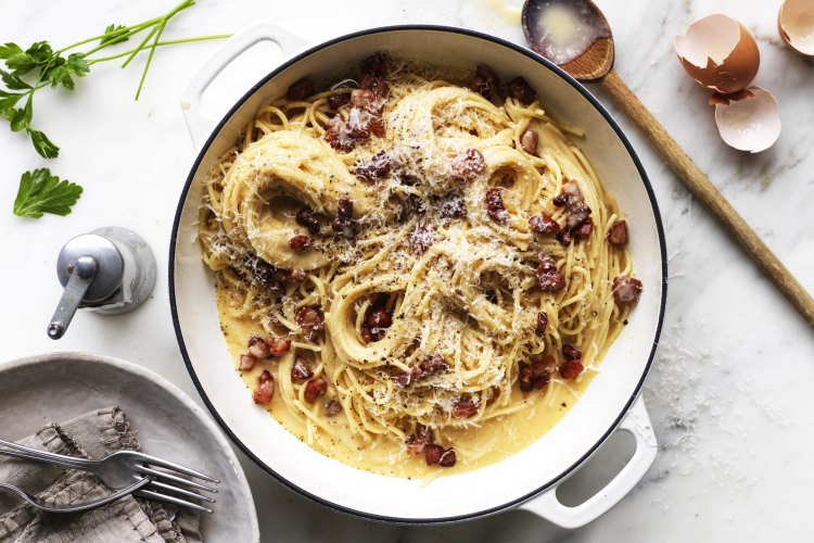 Jill Dupleix's spaghetti carbonara.
