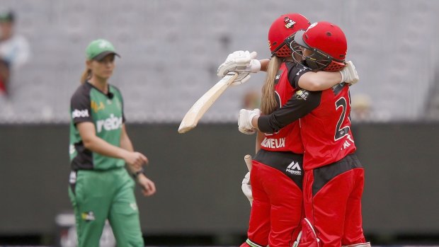 Sophie Molineux and Danielle Wyatt, of the Renegades, celebrate their WBBL win against the Stars on Sunday